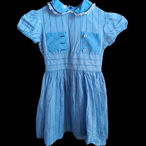 Vintage Girls Dress 10 1950's Blue Gingham Peter Pan Collar Lace Trim Dorothy - Picture 1 of 7